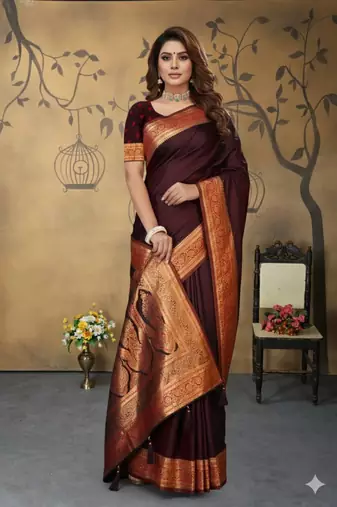 maroon satin saree with zari woven border & pallu