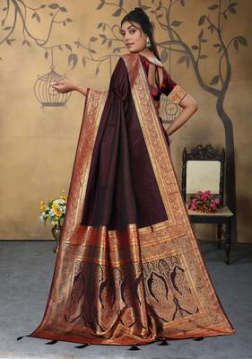 maroon satin saree with zari woven border & pallu 5