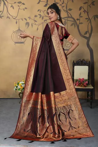 maroon satin saree with zari woven border & pallu