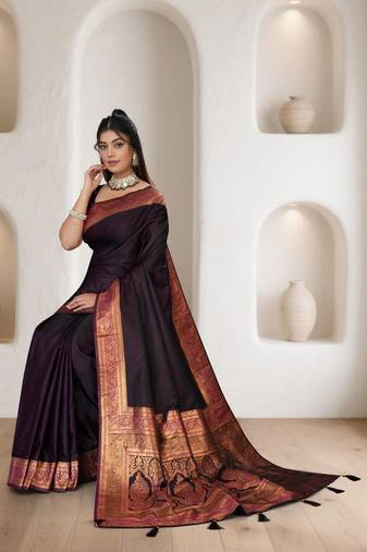 Maharanga Deep Purple Satin Saree with Rich Gold Zari Woven Border & Traditional Heavy Pallu