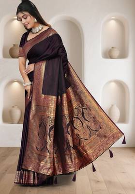 purple satin silk saree with zari woven pallu & border 2