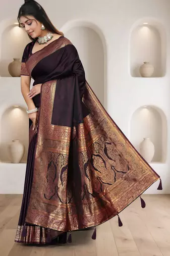 purple satin silk saree with zari woven pallu & border