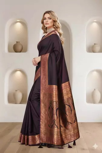 purple satin silk saree with zari woven pallu & border