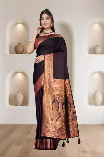purple satin silk saree with zari woven pallu & border