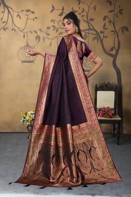 purple satin silk saree with zari woven pallu & border 5