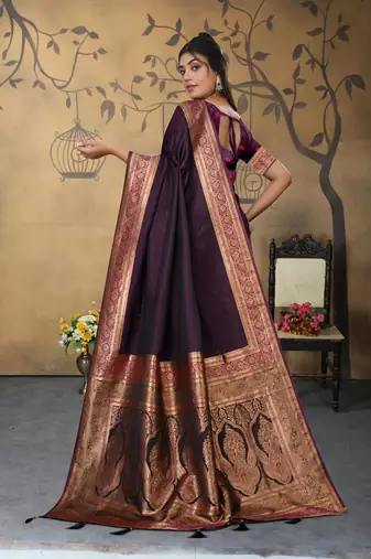 purple satin silk saree with zari woven pallu & border