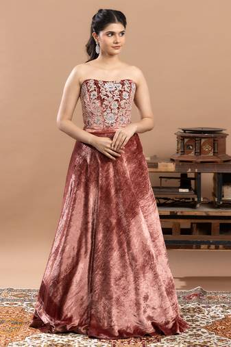 pink velvet lehenga with embroidered work