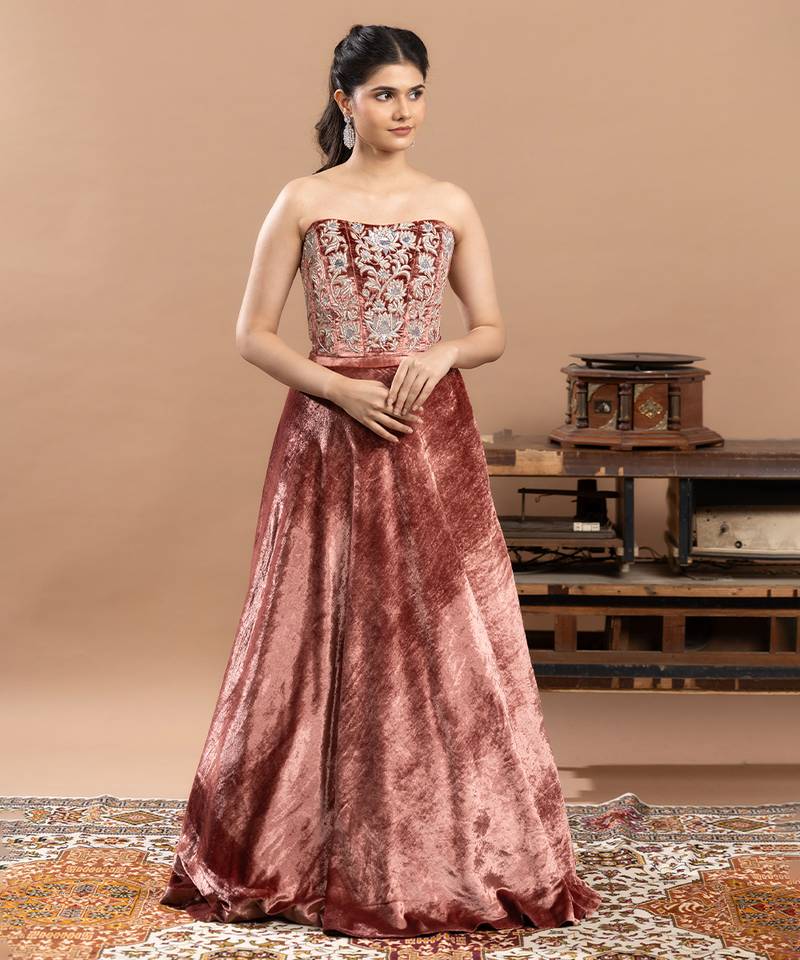pink velvet lehenga with embroidered work