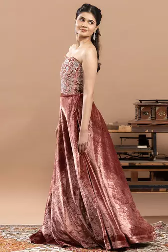 pink velvet lehenga with embroidered work