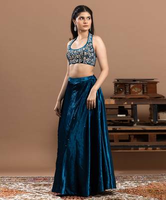 blue velvet lehenga with embroidered work 1