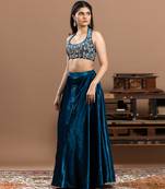 blue velvet lehenga with embroidered work
