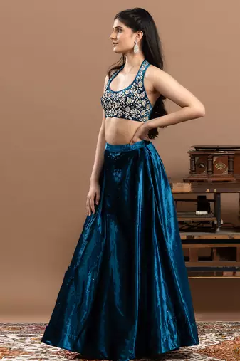 blue velvet lehenga with embroidered work