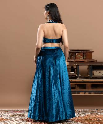 blue velvet lehenga with embroidered work 3