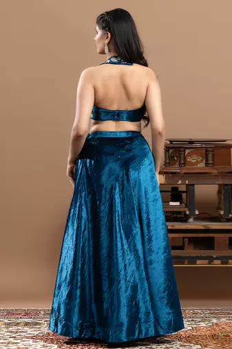 blue velvet lehenga with embroidered work
