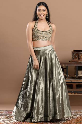 sage green velvet lehenga with embroidered work