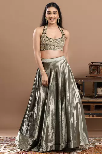 sage green velvet lehenga with embroidered work