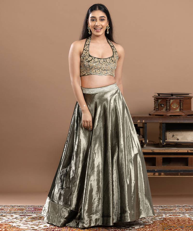sage green velvet lehenga with embroidered work