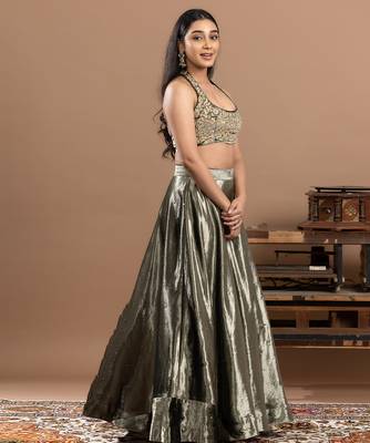 sage green velvet lehenga with embroidered work 2