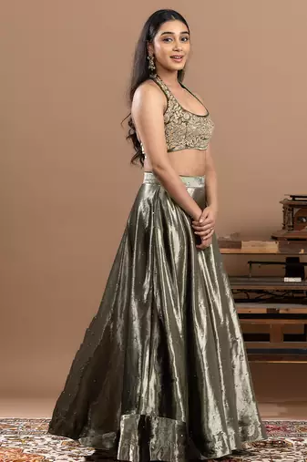 sage green velvet lehenga with embroidered work