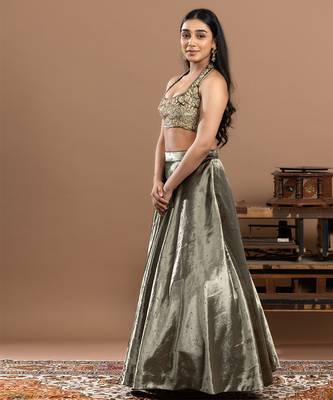 sage green velvet lehenga with embroidered work 3