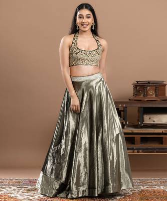 sage green velvet lehenga with embroidered work 5