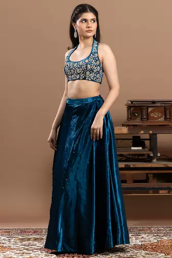 blue velvet lehenga with embroidered work