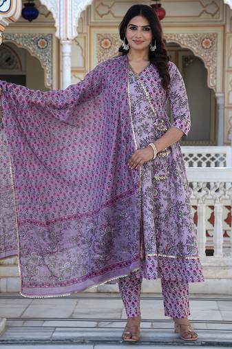 Brown printed cotton kurta pant with dupatta