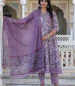 Brown printed cotton kurta pant with dupatta