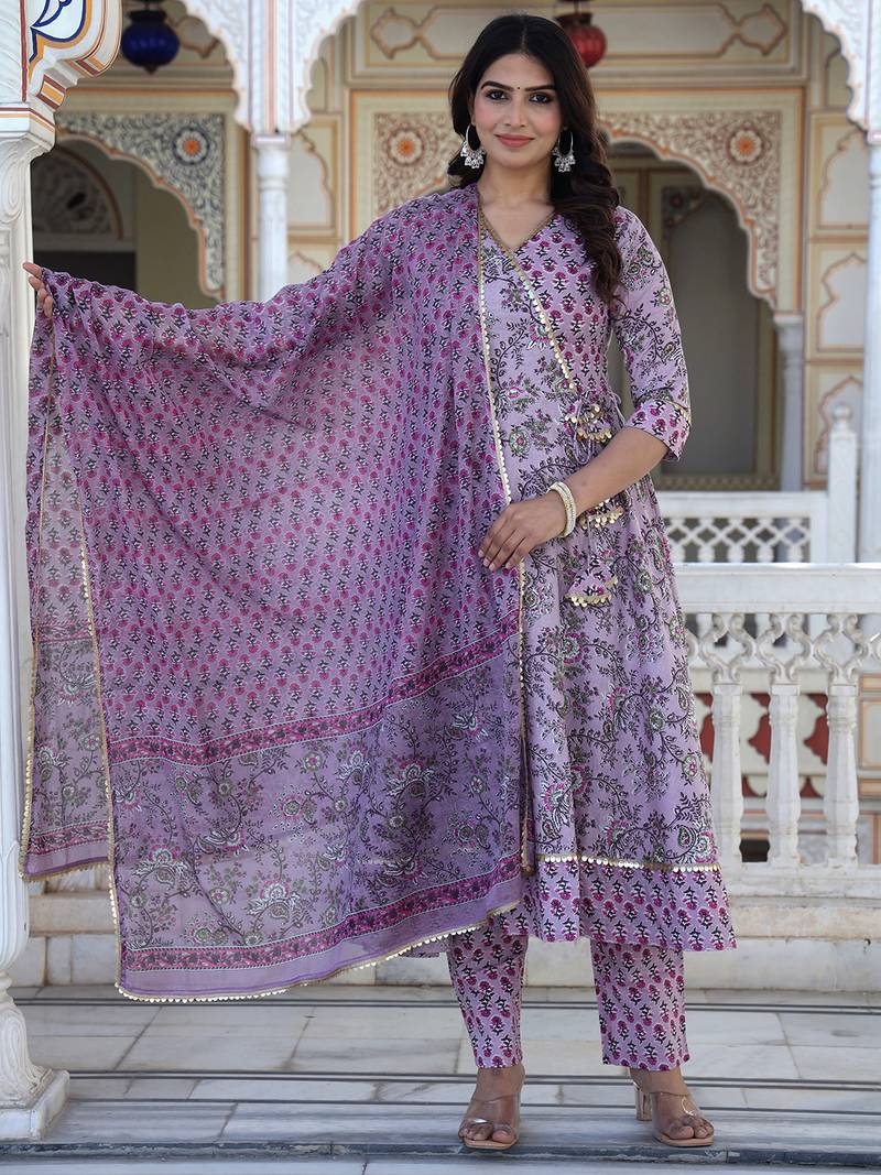 Brown printed cotton kurta pant with dupatta