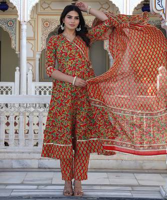red cotton kurta set with printed work & dupatta 1
