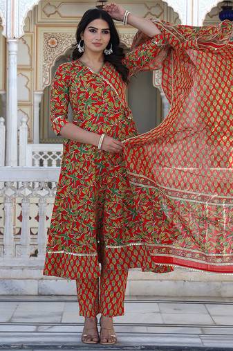 Red printed cotton kurta pant with dupatta