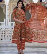 Red printed cotton kurta pant with dupatta