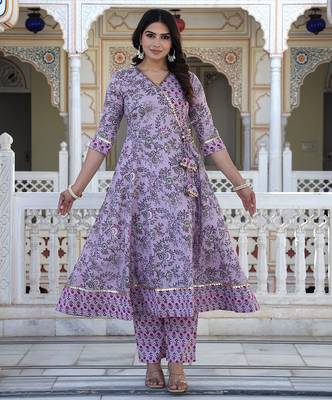brown cotton kurta set with printed work & dupatta 2
