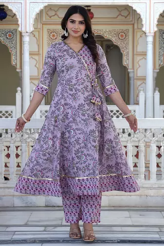 brown cotton kurta set with printed work & dupatta