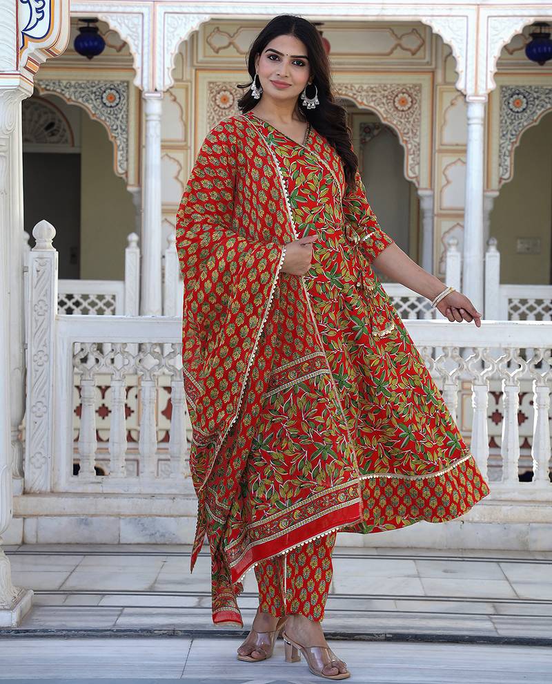 Red printed cotton kurta pant with dupatta