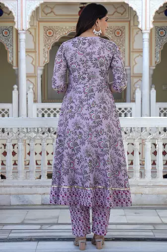 brown cotton kurta set with printed work & dupatta