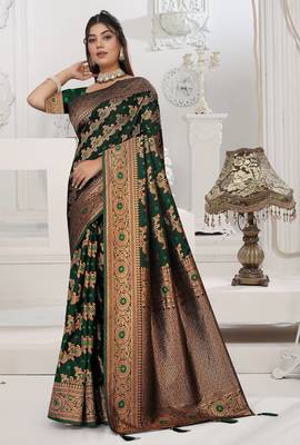 dark green satin silk saree with zari woven work 1