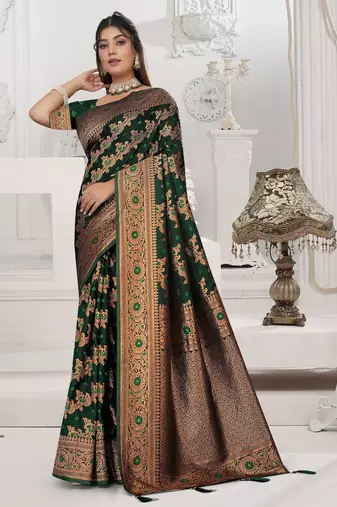 Maharanga Dark Green Satin Silk Saree with Heavy Gold Zari Weaving & Traditional Border