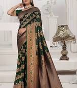 dark green satin silk saree with zari woven work