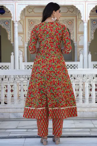 red cotton kurta set with printed work & dupatta