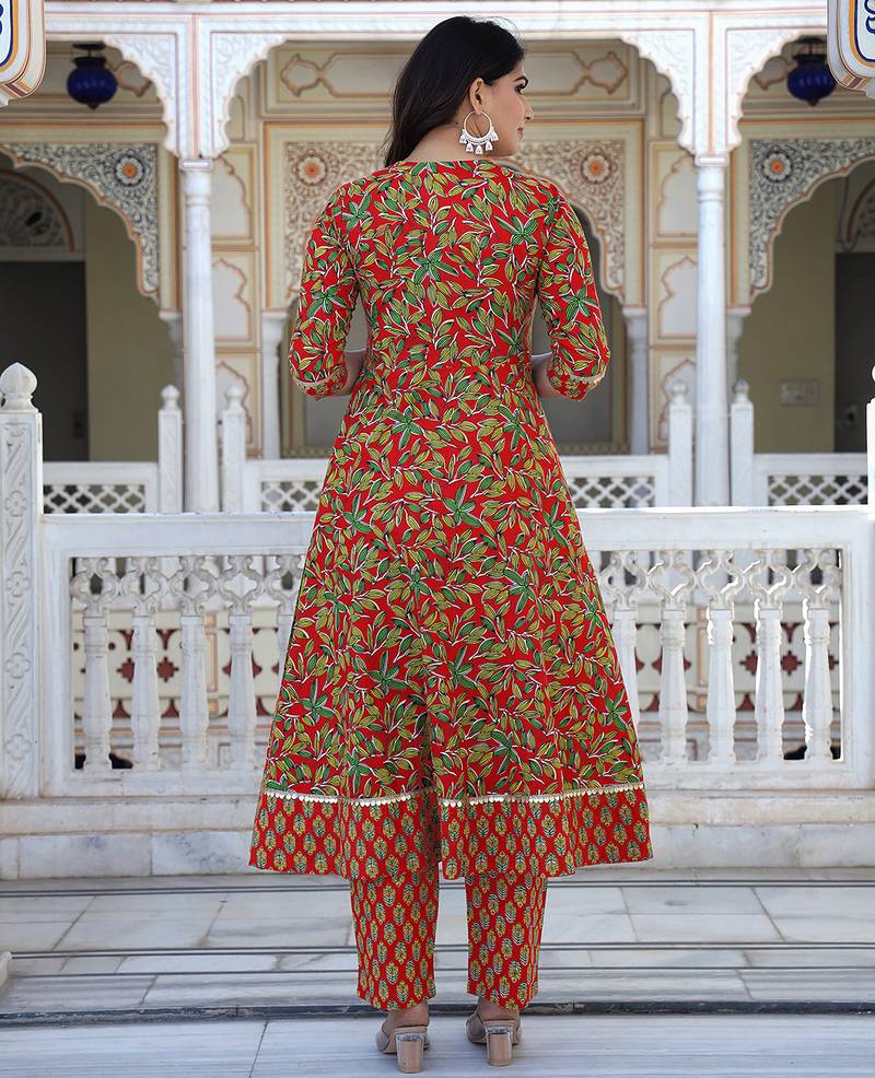 Red printed cotton kurta pant with dupatta