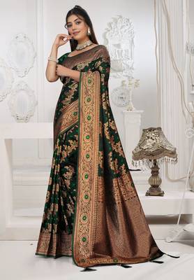 dark green satin silk saree with zari woven work 2