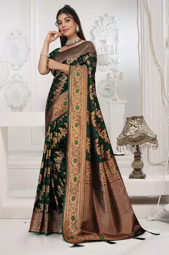 dark green satin silk saree with zari woven work