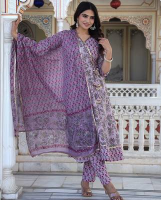 brown cotton kurta set with printed work & dupatta 4