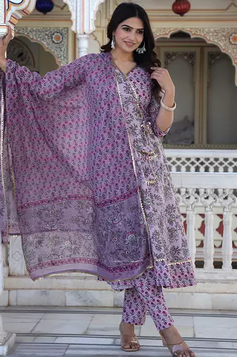 brown cotton kurta set with printed work & dupatta