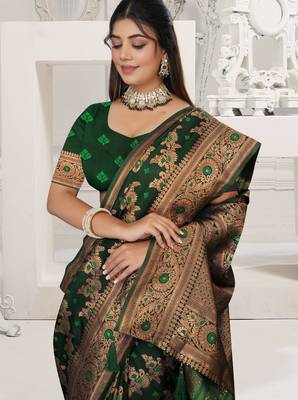 dark green satin silk saree with zari woven work 3