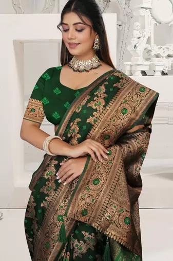 dark green satin silk saree with zari woven work