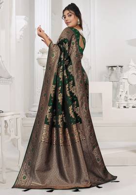 dark green satin silk saree with zari woven work 4