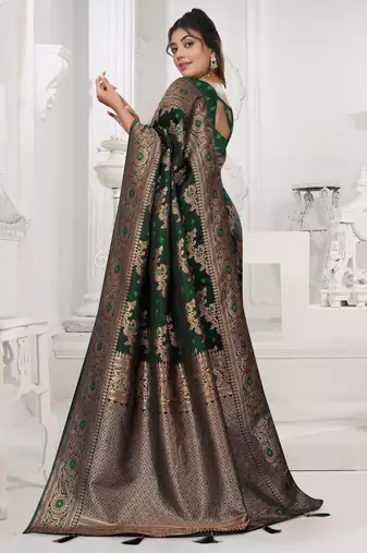 dark green satin silk saree with zari woven work
