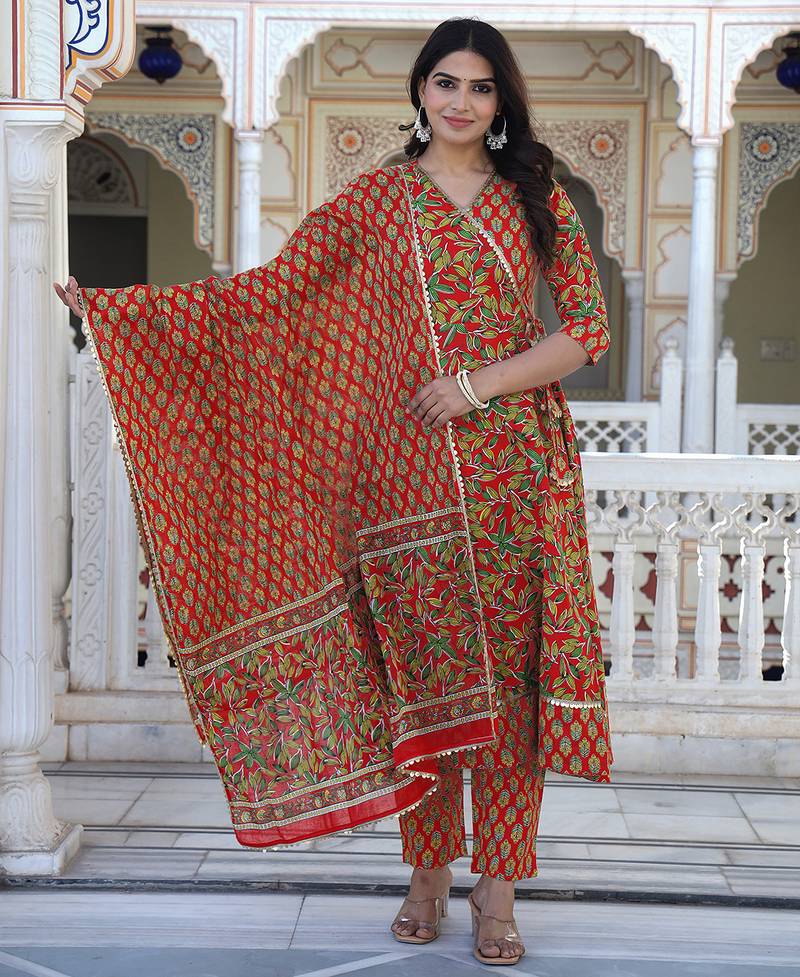 Red printed cotton kurta pant with dupatta